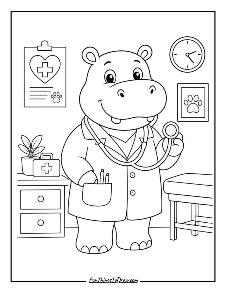 Hippo as a doctor coloring page