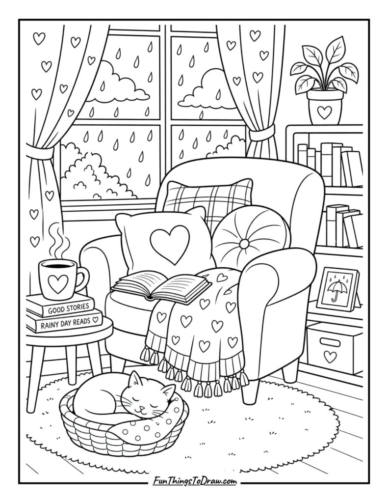 Rainy Day Reading Nook Coloring Page