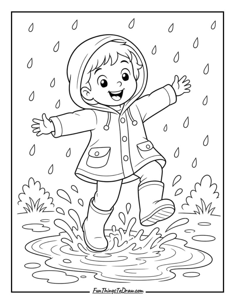 child in rain coat coloring page