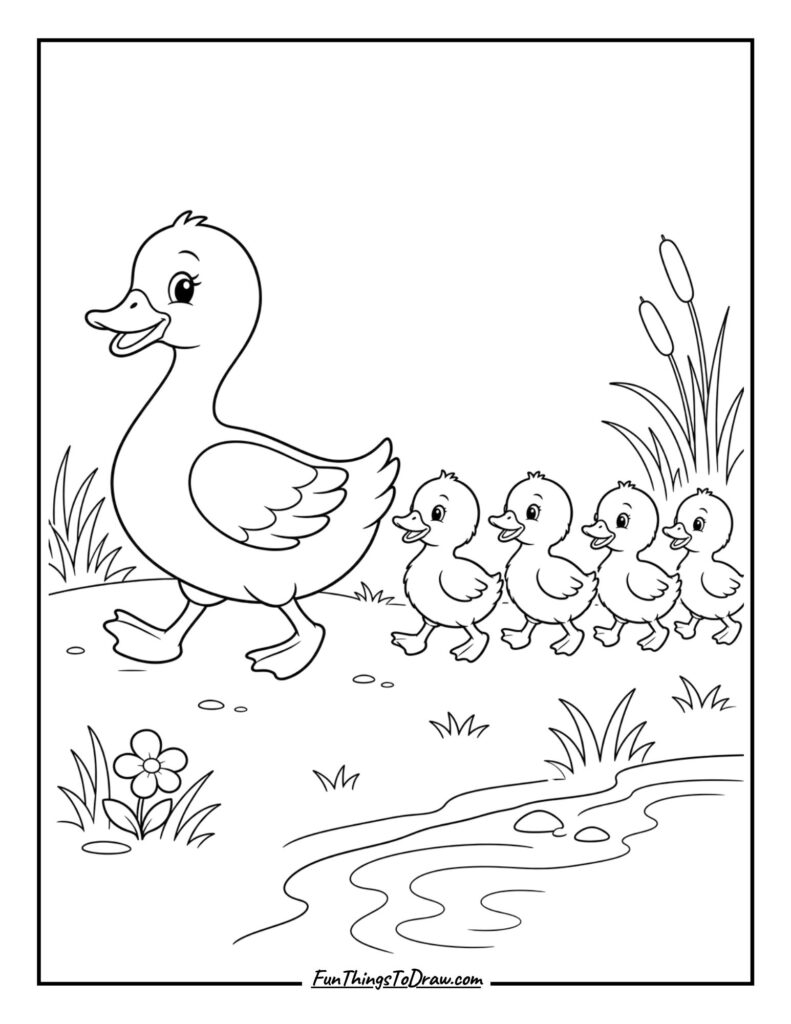 coloring page of Duck with Ducklings