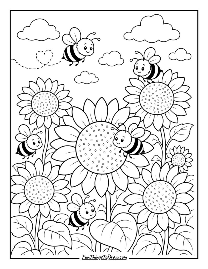 Busy bee in garden coloring page
