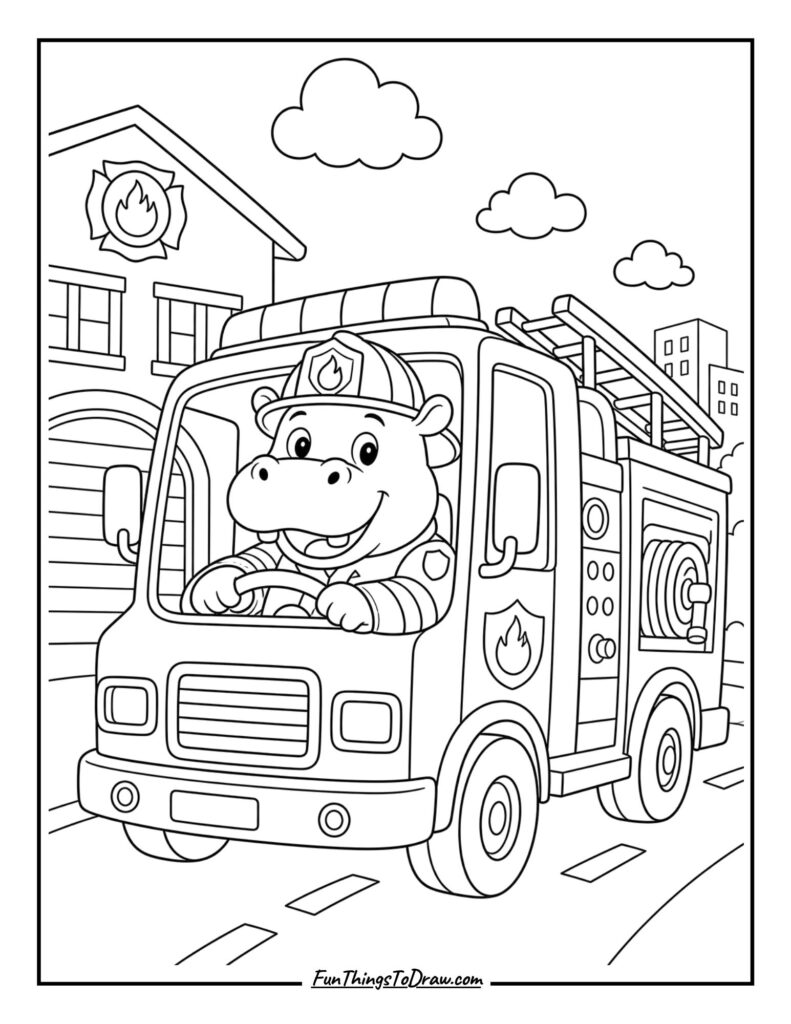 Hippo Firefighter coloring page