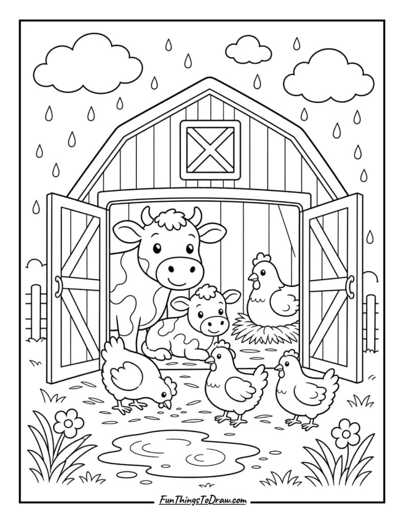 Rainy Farm Scene coloring page