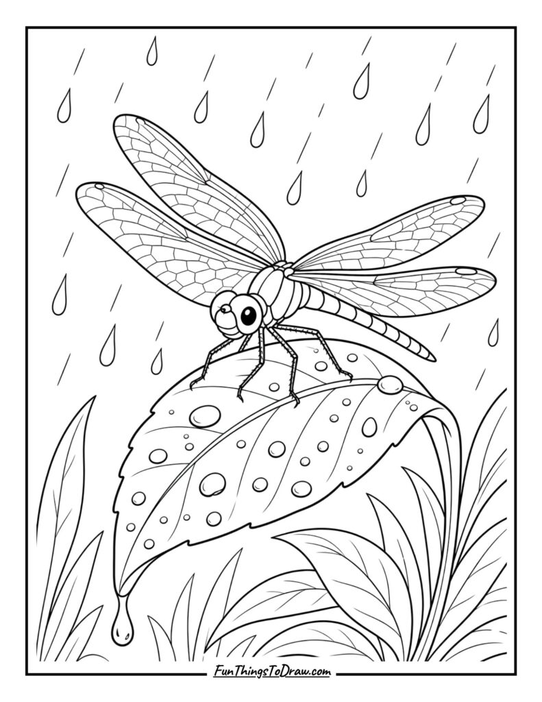 Dragonfly in Rain coloring page