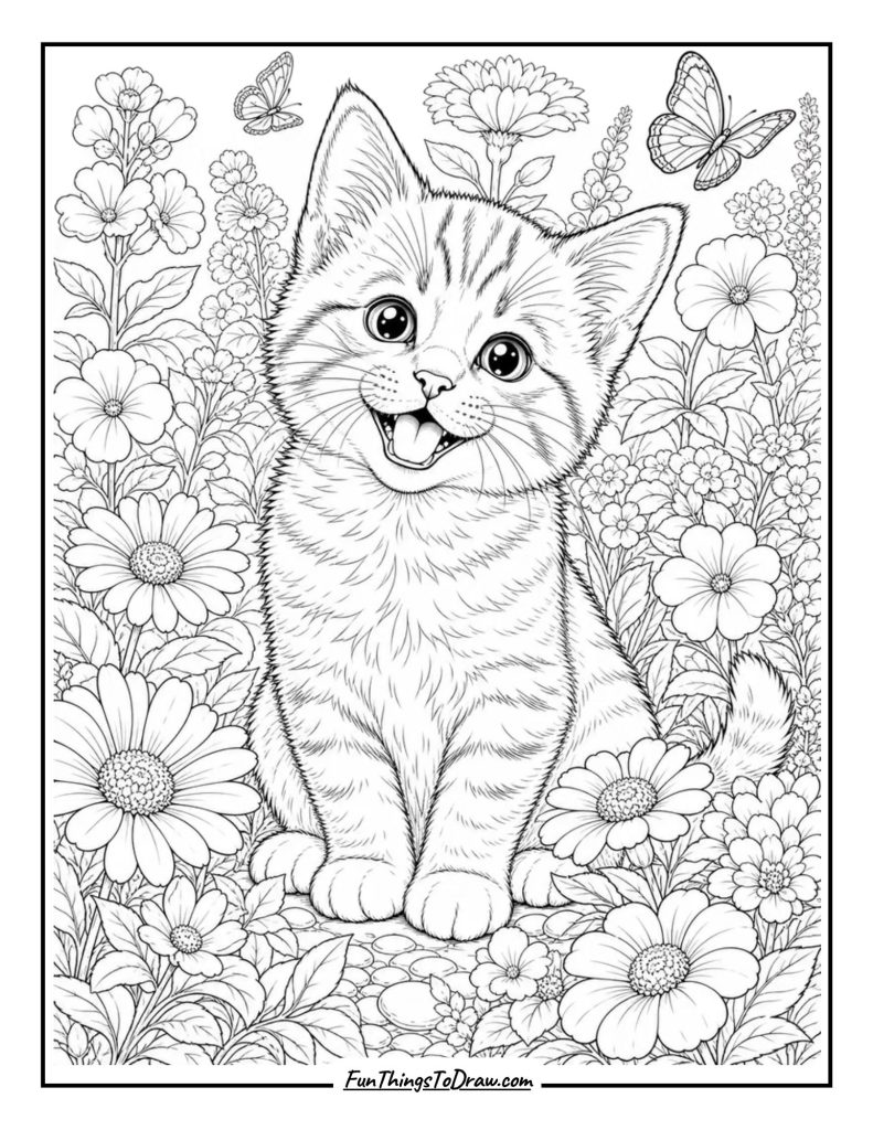 Kitten in a Garden with Flowers