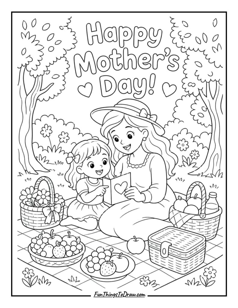 Mom and Child Picnic coloring page