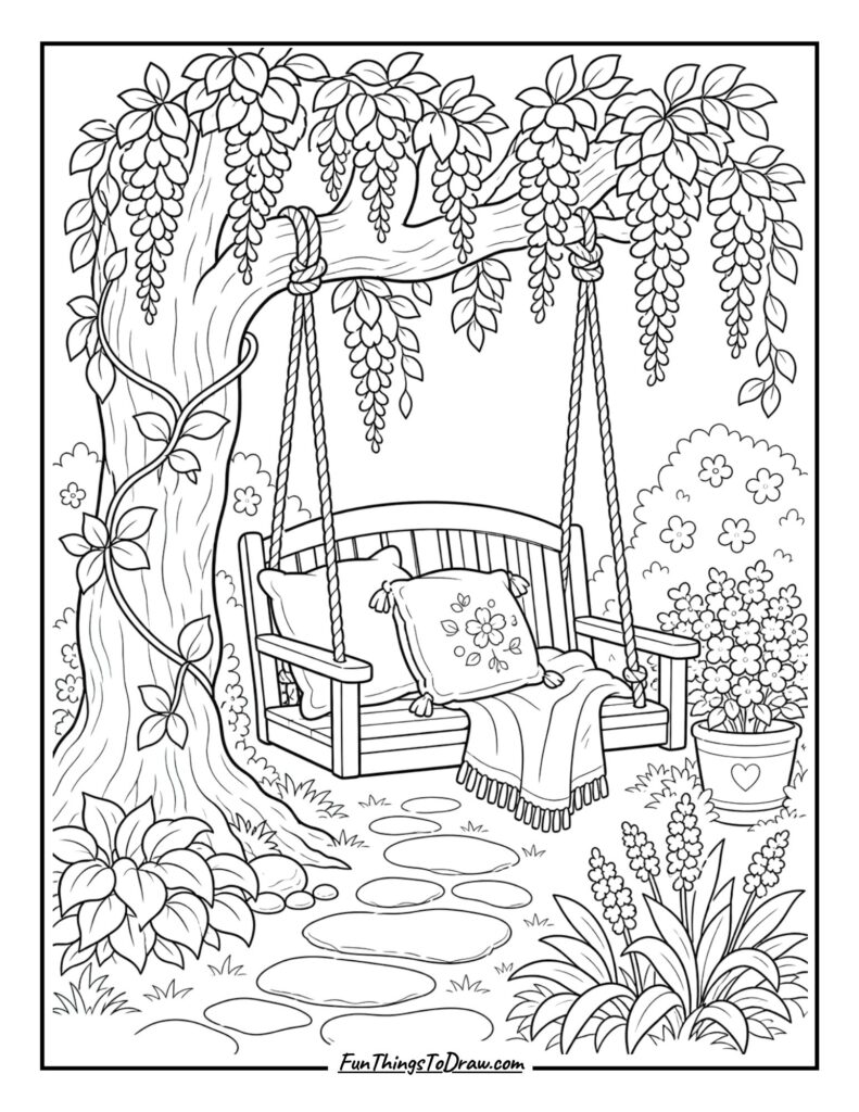 A cozy garden swing coloring sheet
