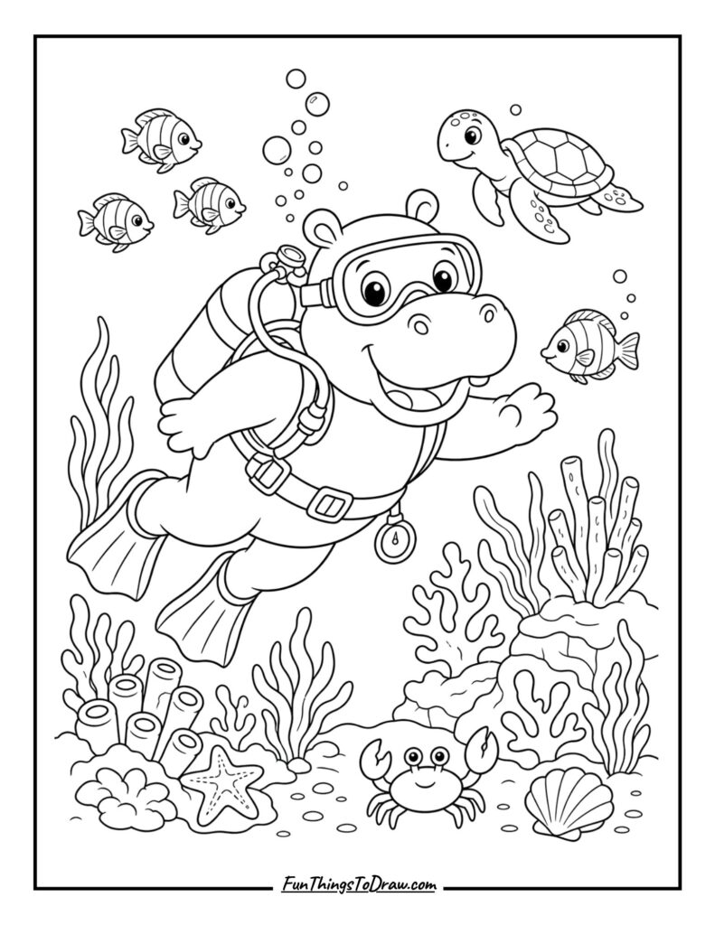 Hippo Diving deep coloring page