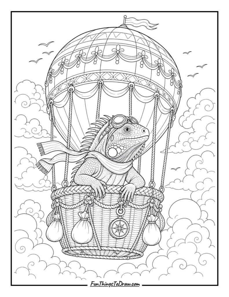 Iguana in a Hot Air Balloon coloring page for adults