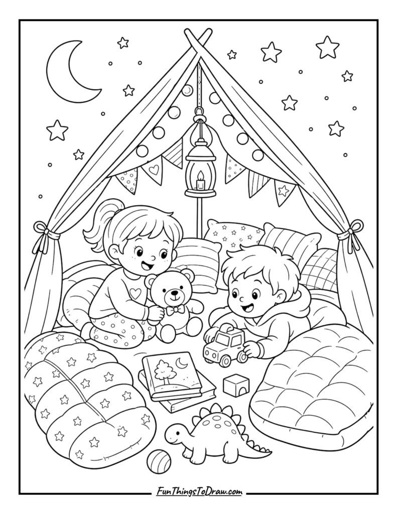Kids Playing in a Tent coloring page