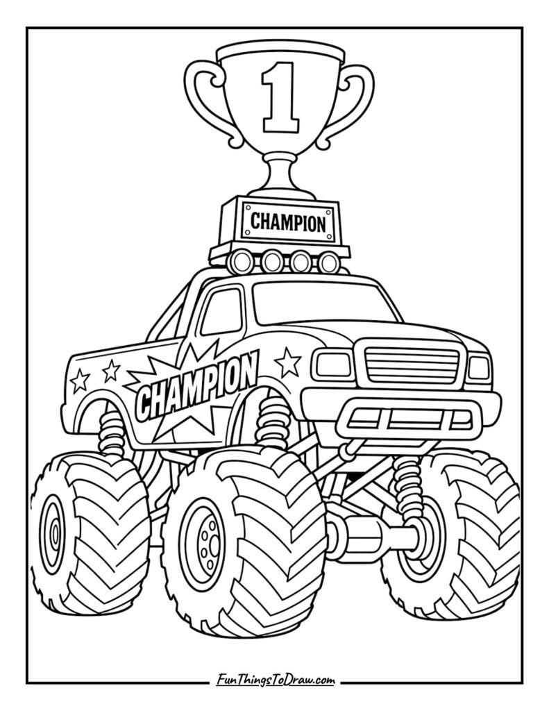 Monster Truck Rally Champion Coloring Sheet