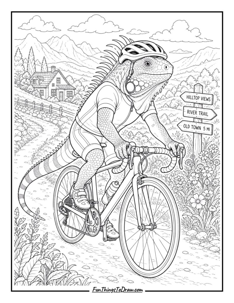Iguana on a Bicycle coloring page