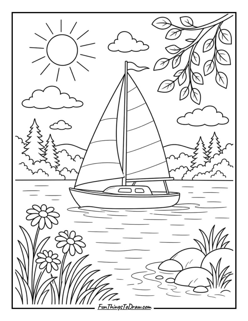 Aesthetic June Coloring Page : Sailing on the Lake