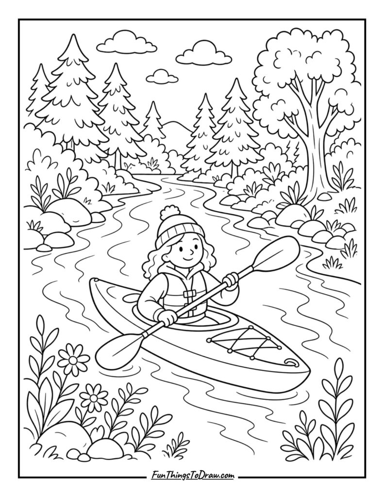 Kayaking on a River coloring sheet