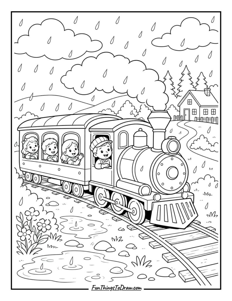 Rainy Day Train Ride coloring page