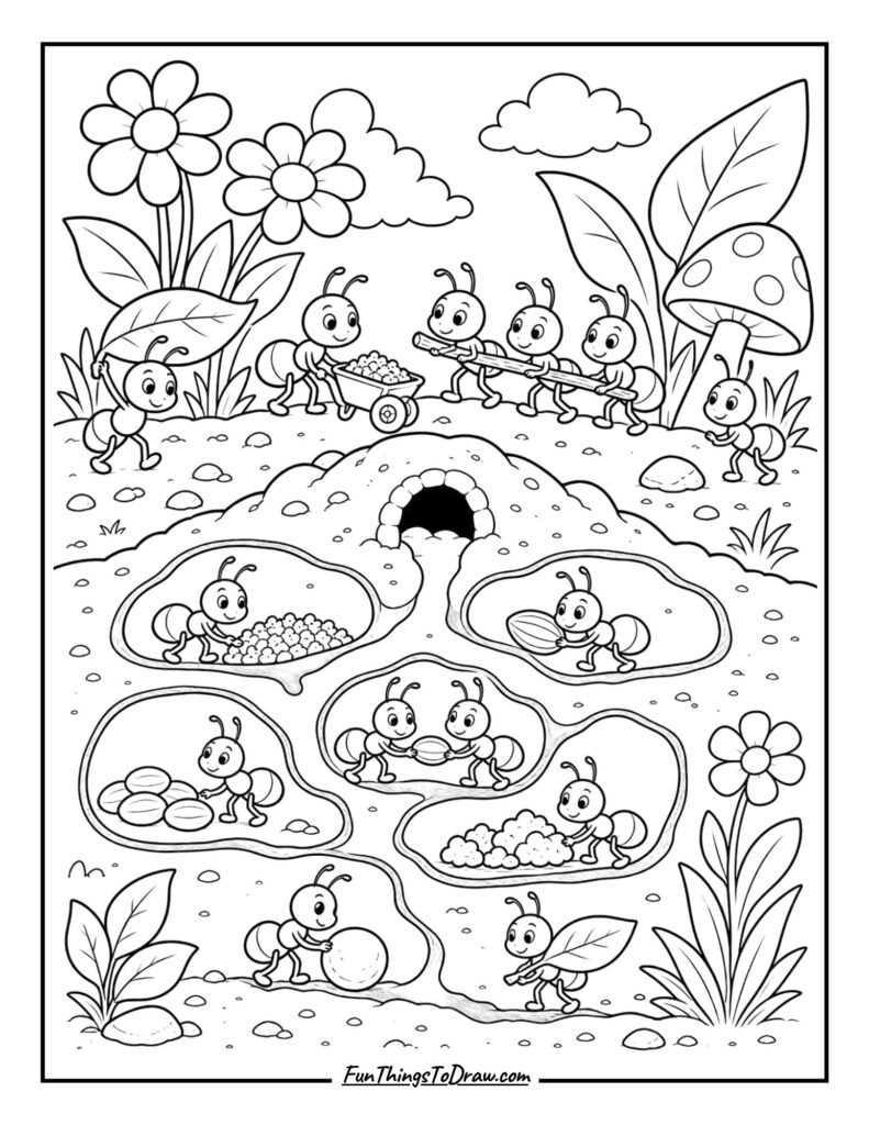 Ant colony in garden coloring page