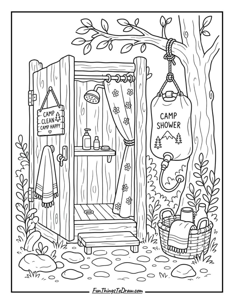 Camp Shower Setup coloring page