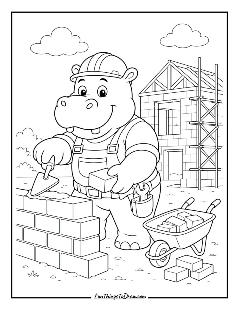 Hippo doing construction work coloring page