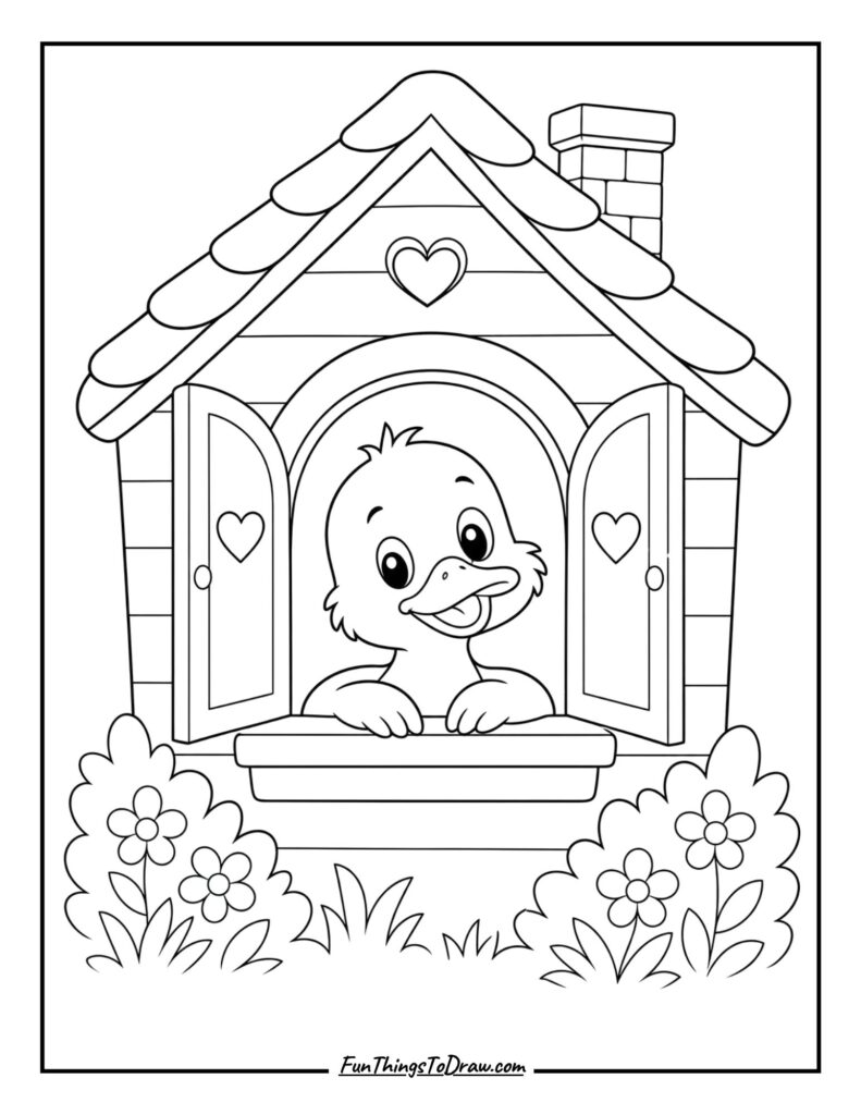 Duck in House easy coloring sheet