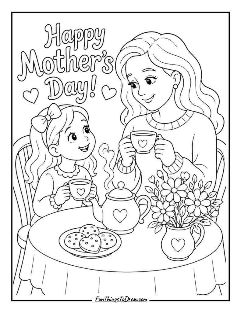 Tea Time Together (Mom Coloring Page)