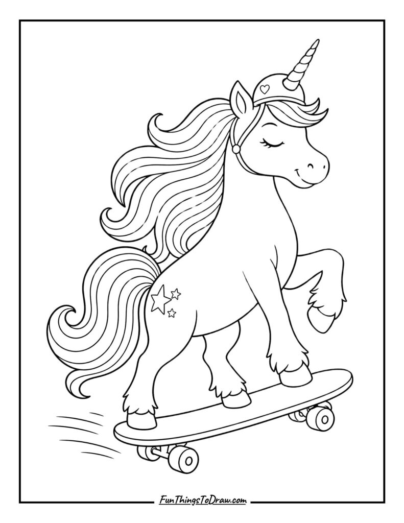 Unicorn Riding a Skateboard coloring page