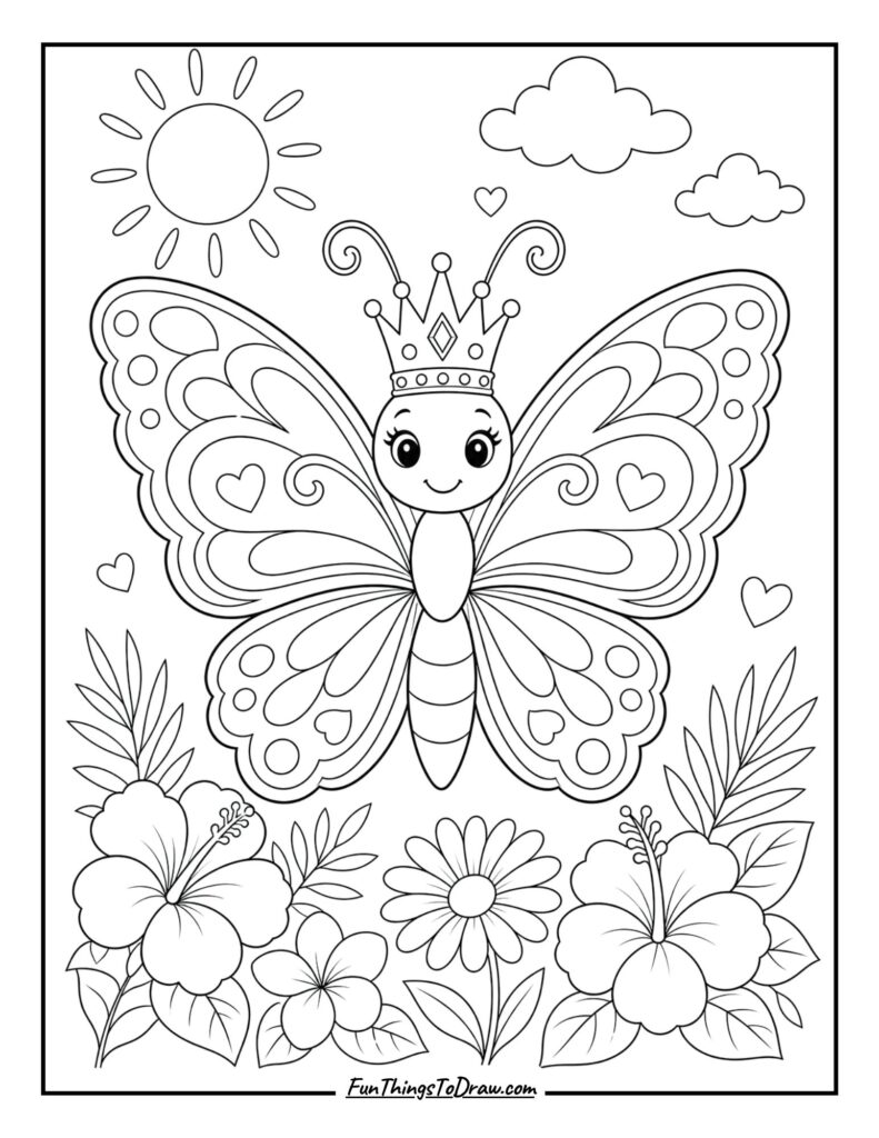 Coloring Page of Butterfly with a Crown