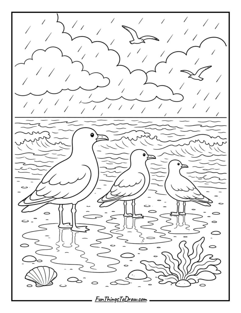 Seagulls on a Rainy Beach