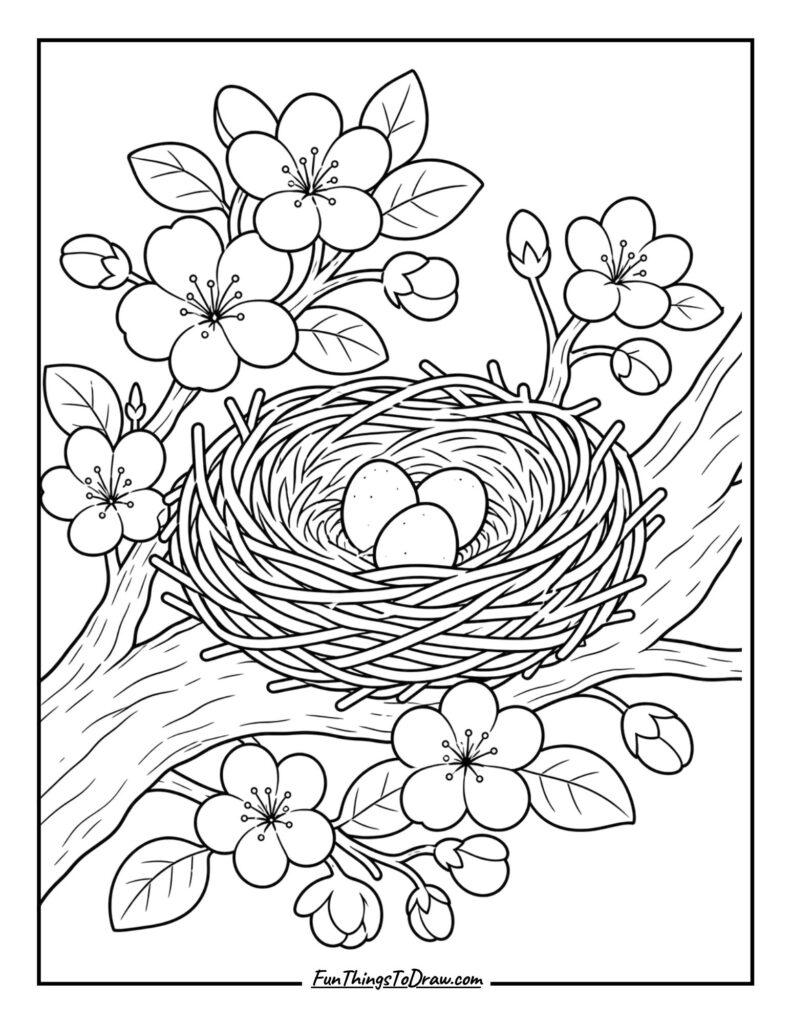 coloring page of birds nest in garden