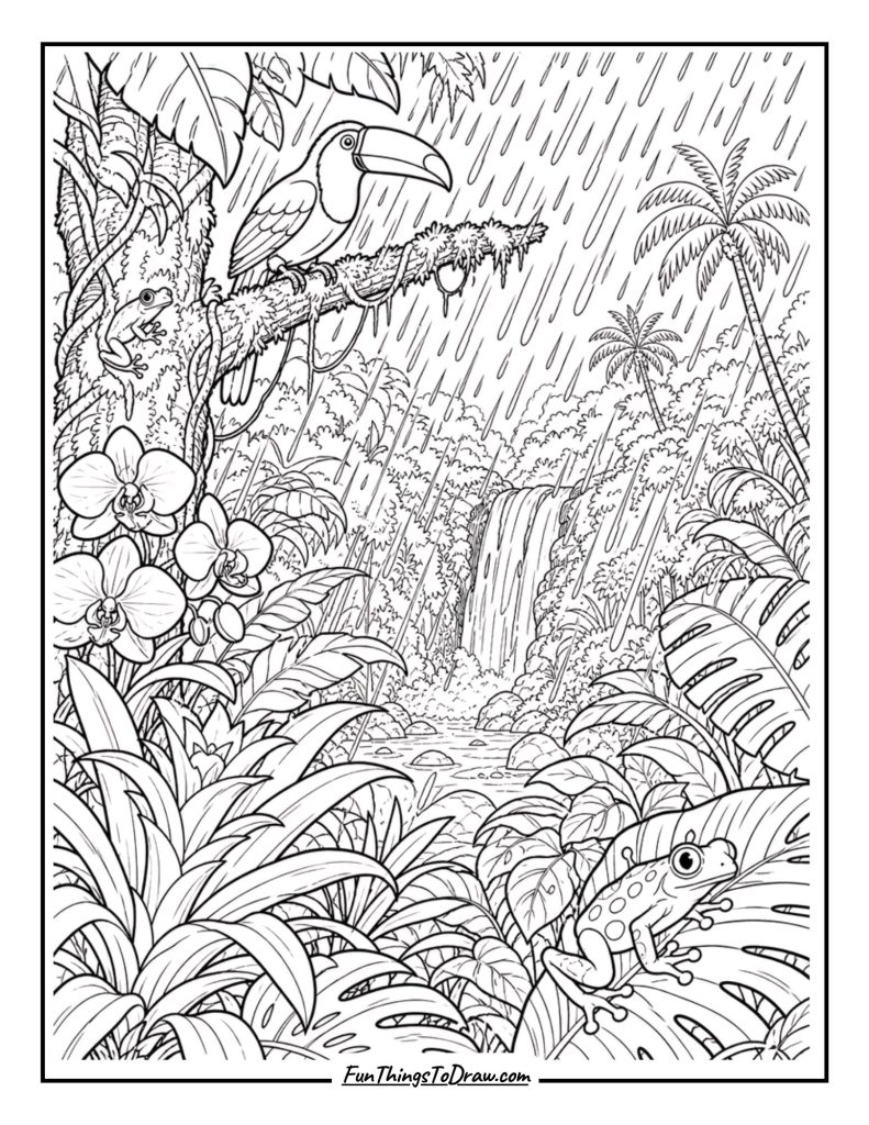 Intense rain falling in a lush rainforest