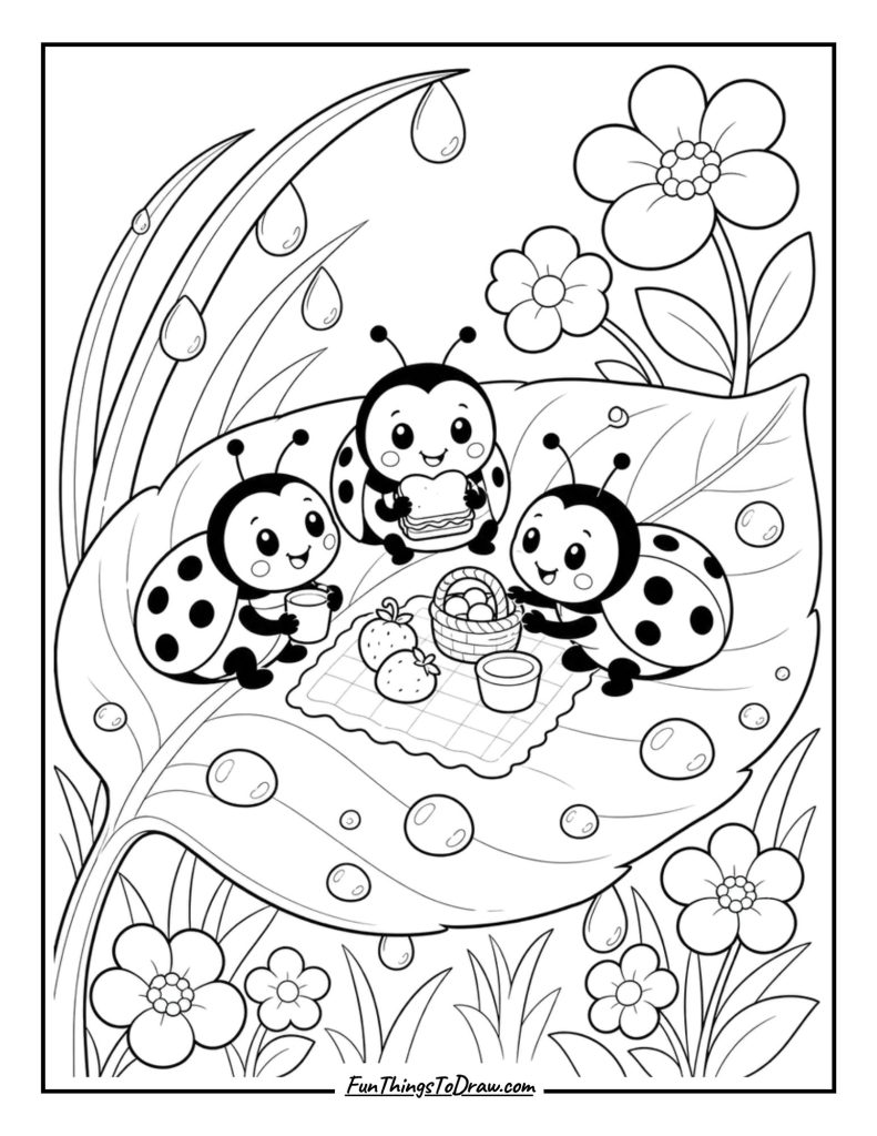 Ladybug Picnic Coloring Page