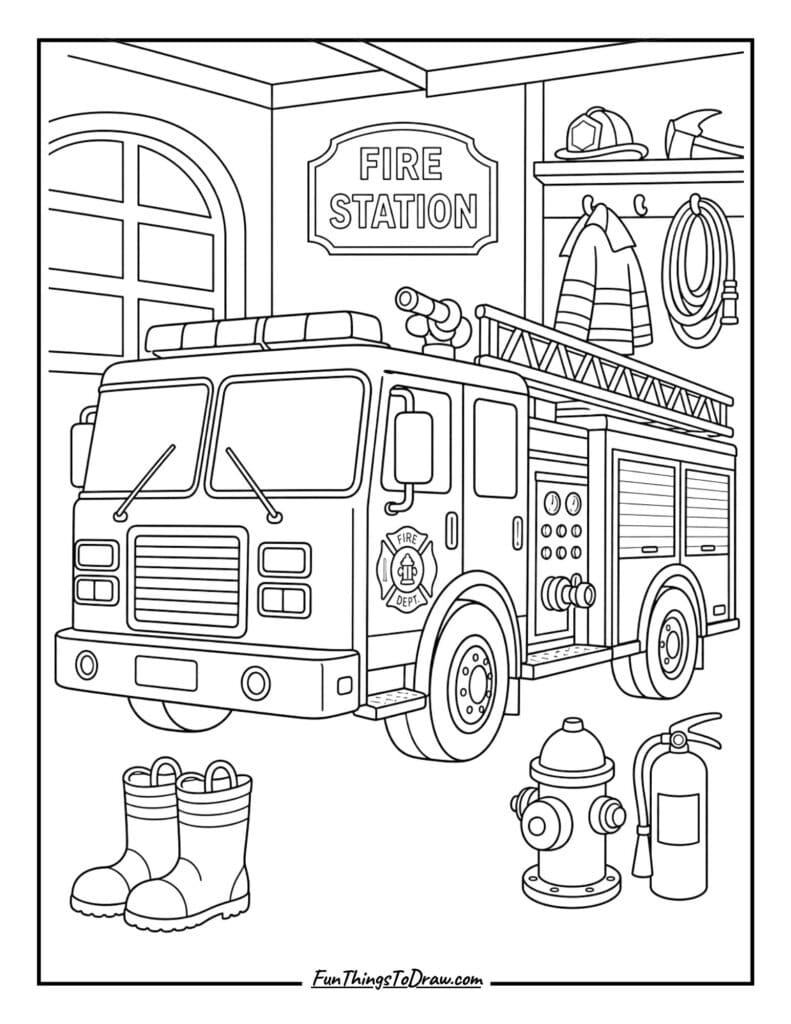 Fire Truck at the Station coloring sheet