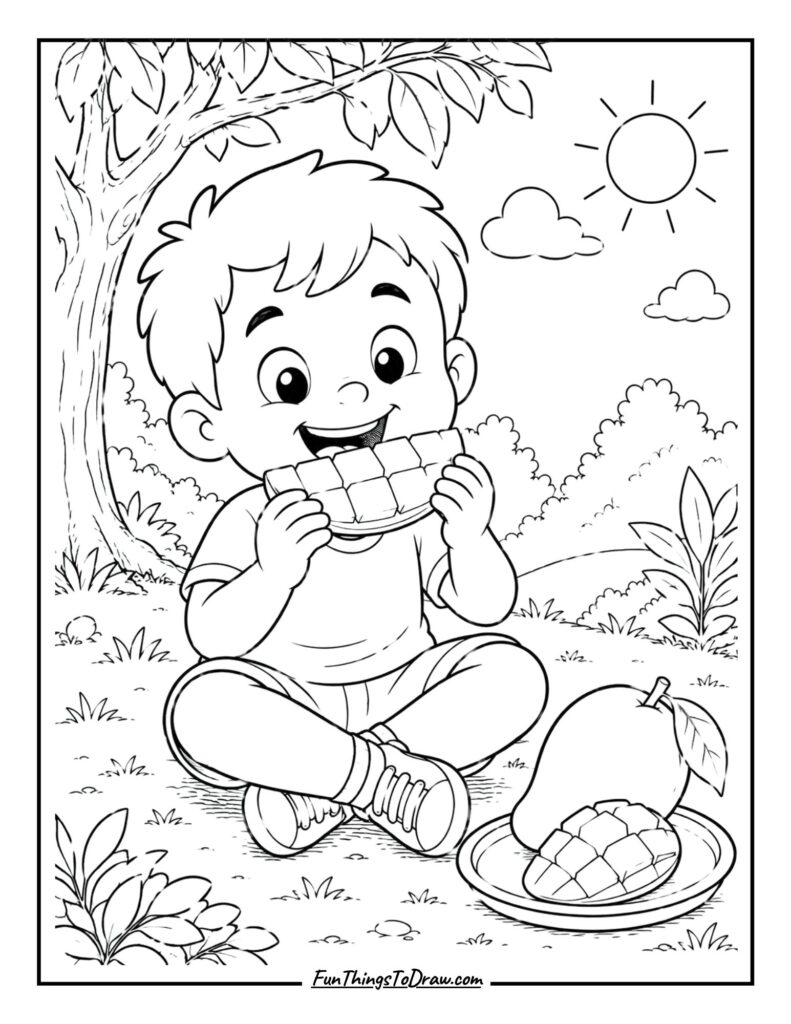 Kid eating mango coloring page