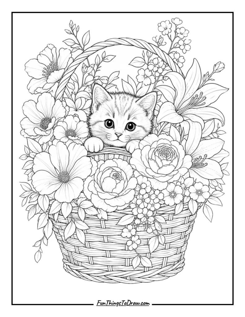 Kitten in a Flower Basket coloring page