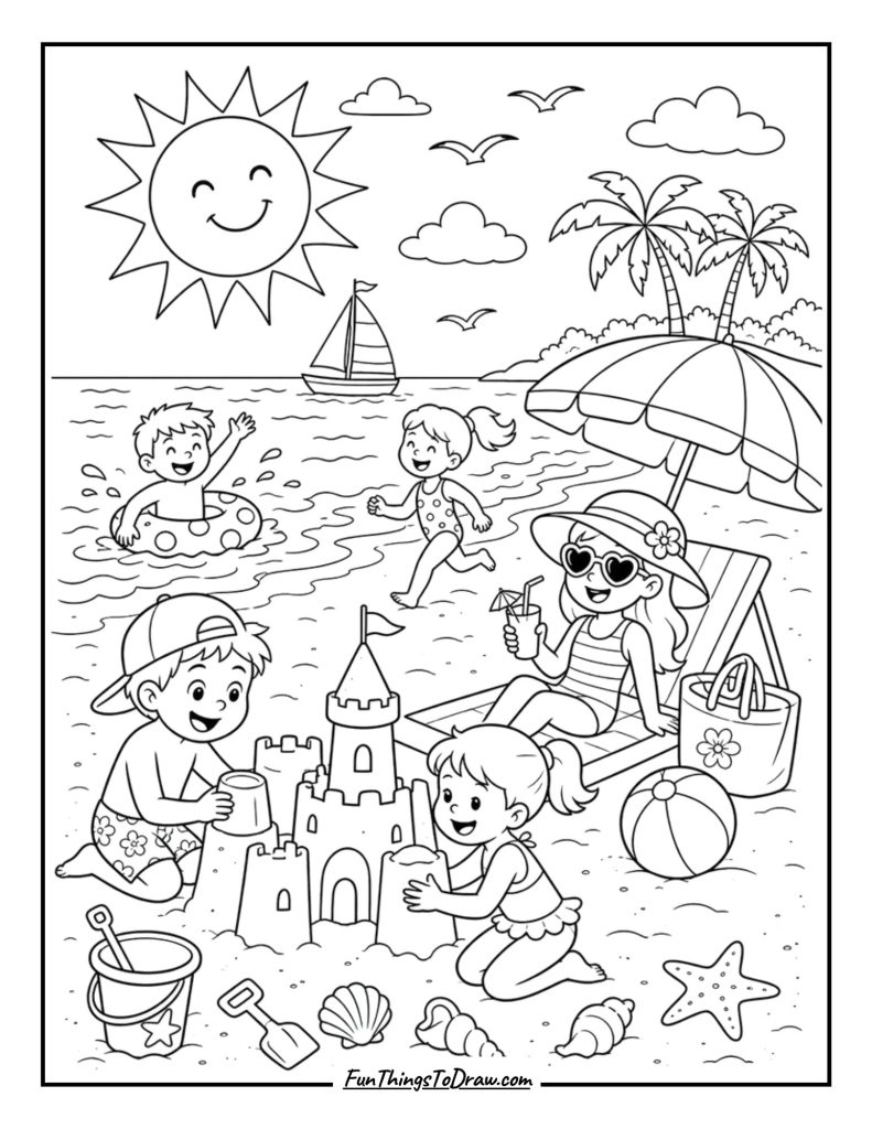 sunny beach coloring page