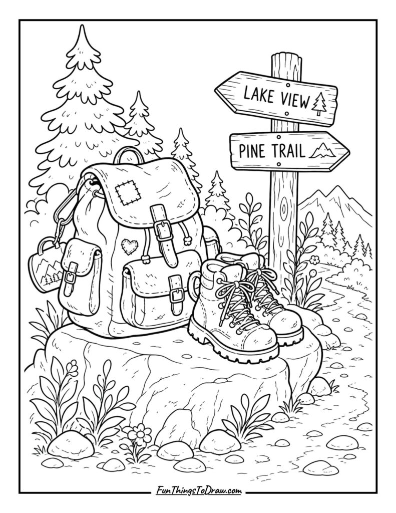 Backpack with Hiking Boots coloring pages