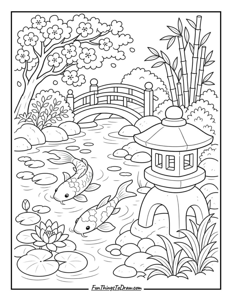 Japanese garden coloring page