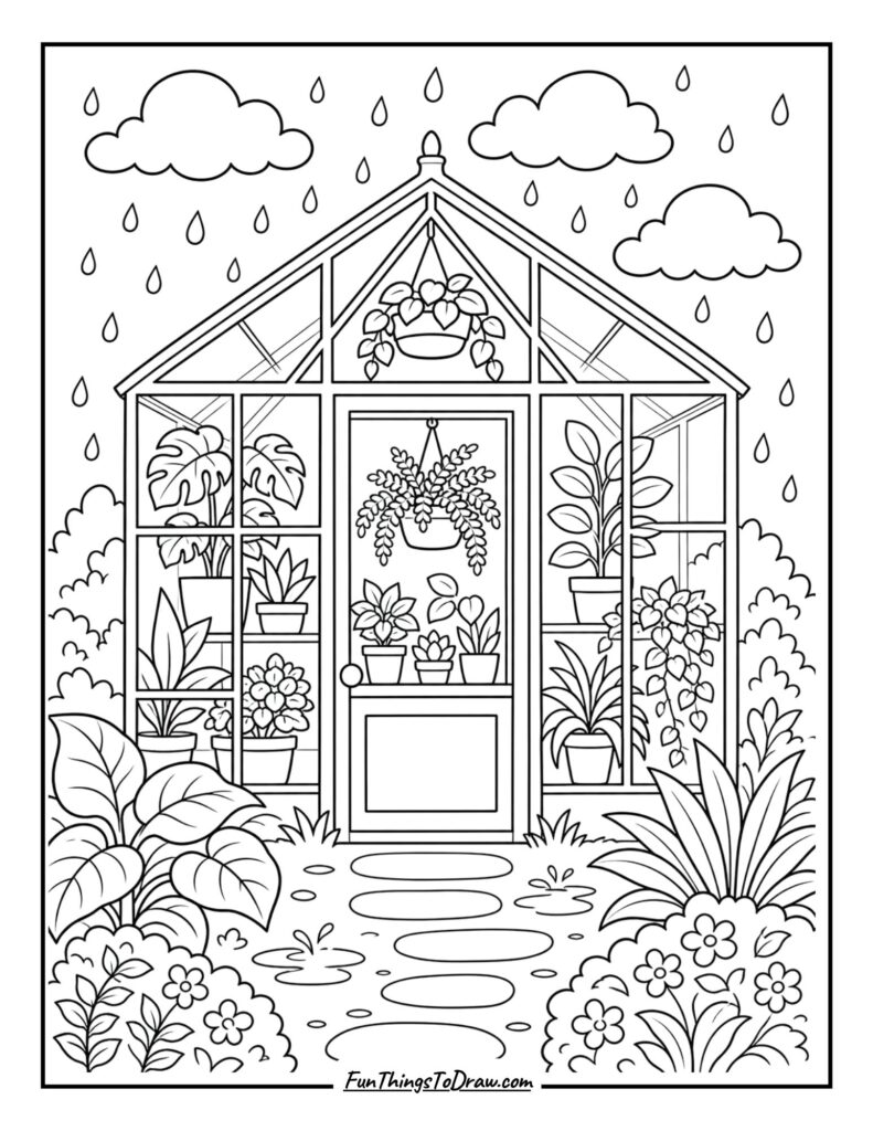 Rainy Day Greenhouse coloring sheet