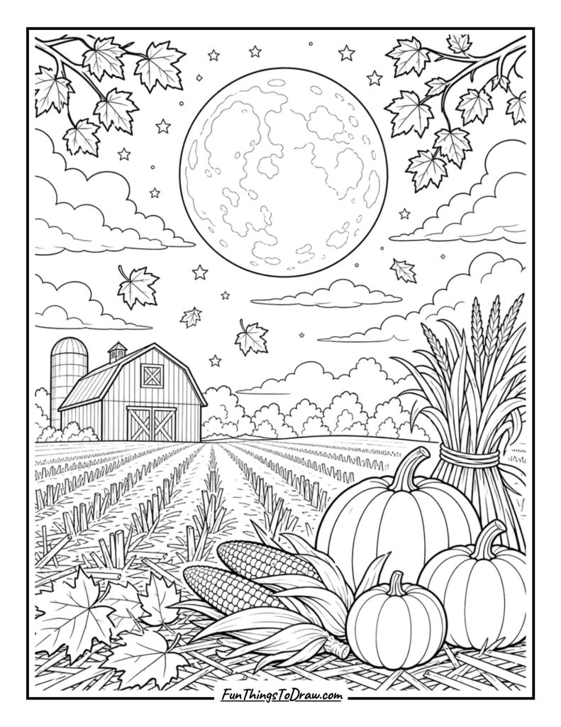 golden moon illuminating a field of harvested crops