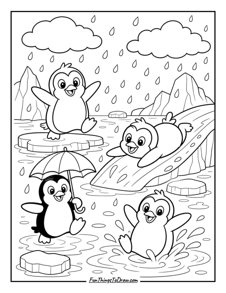 Penguins in Rain