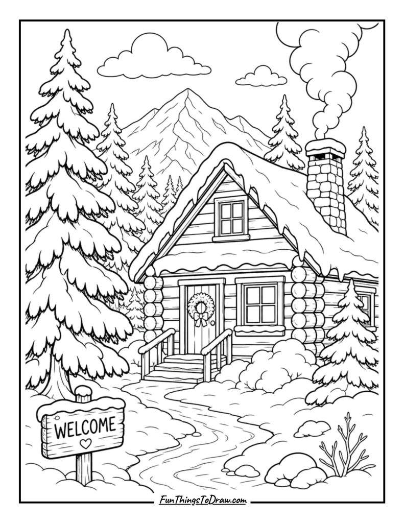 cozy cabin in snow