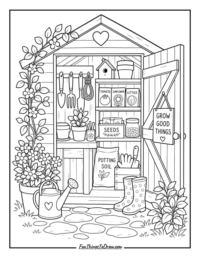 garden shed cozy coloring page