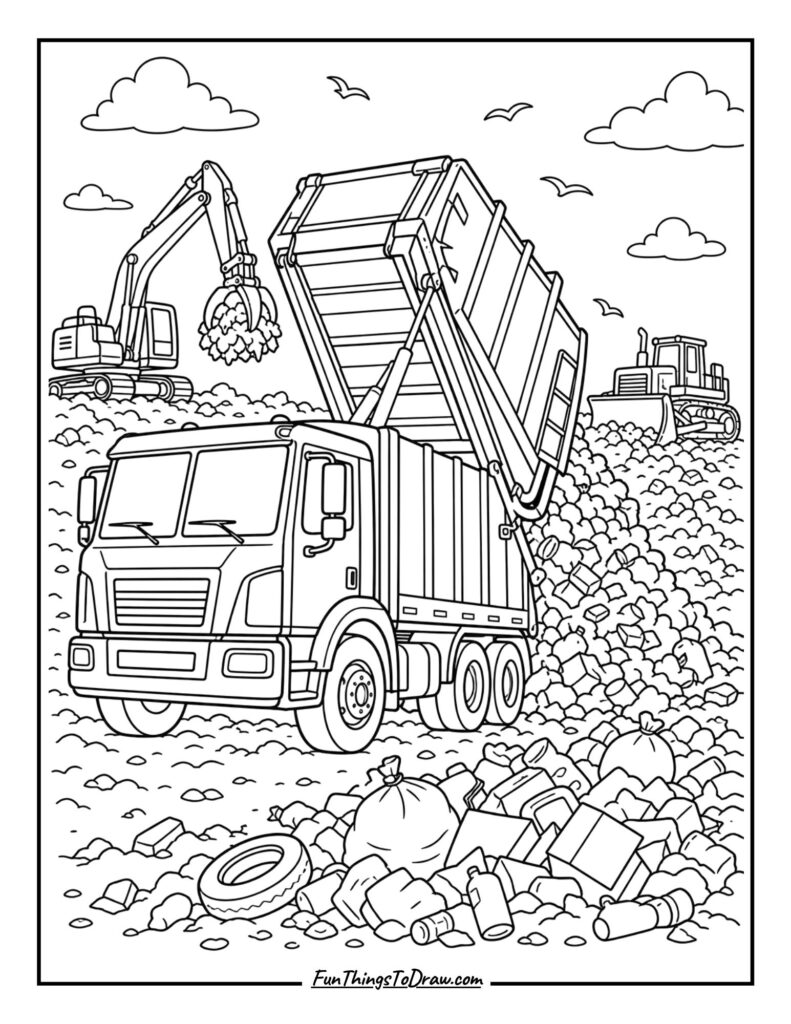Garbage Truck at the Landfill coloring page