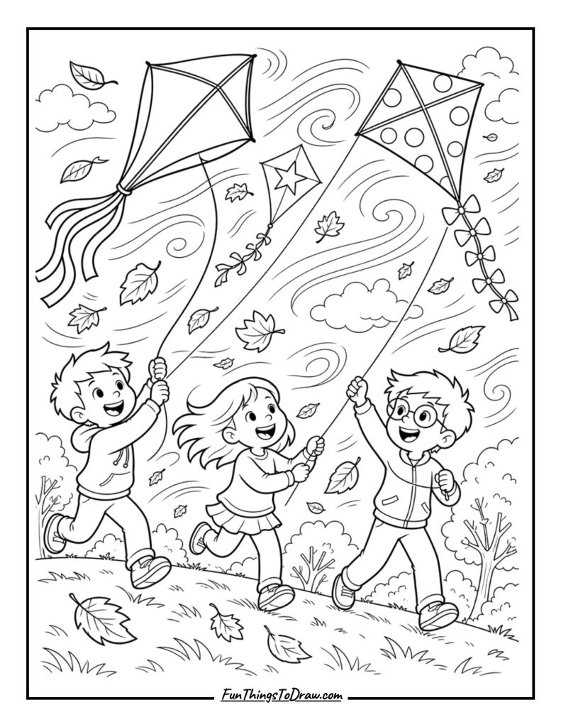 kids flying kite coloring page