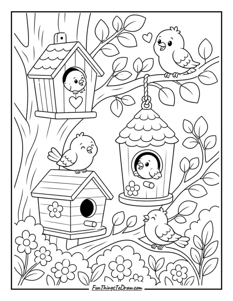 Birdhouses in garden coloring page