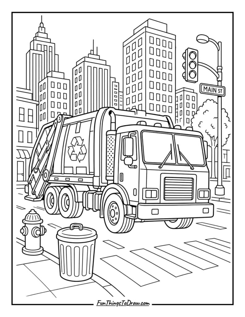 Garbage Truck in a Cityscape