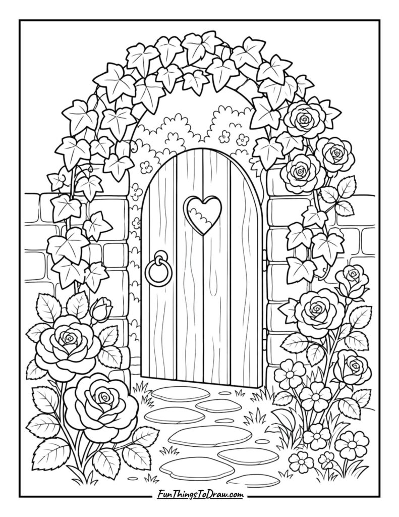 A secret garden gate coloring page
