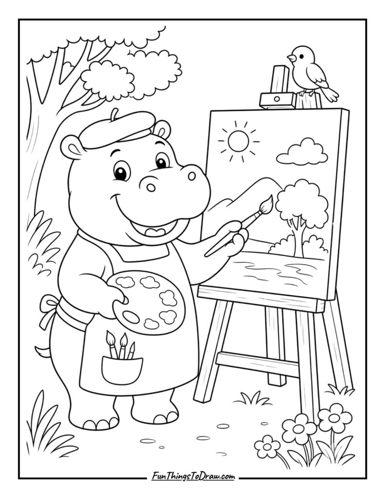 Cute hippo coloring page for adults