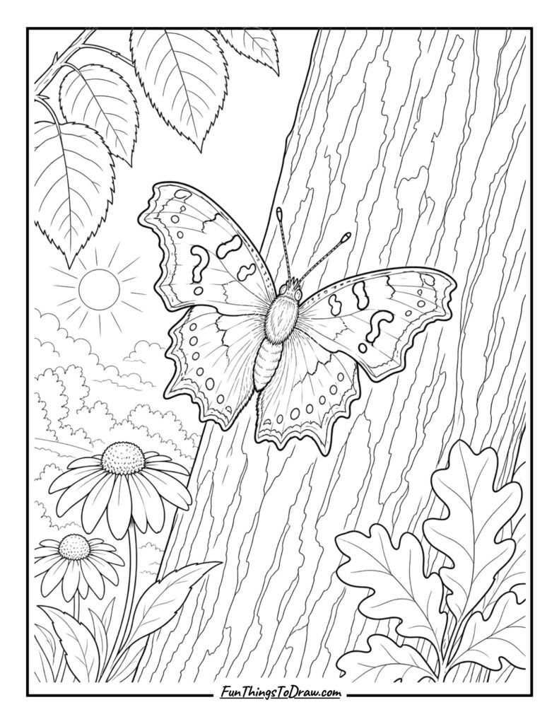 Question Mark Butterfly on a Tree Trunk
