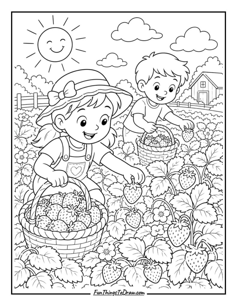 Strawberry Picking Fun Coloring Page