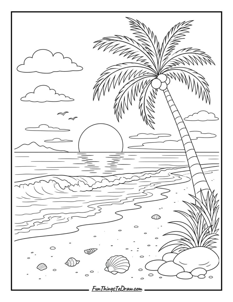 Beach Sunset Serenity coloring page